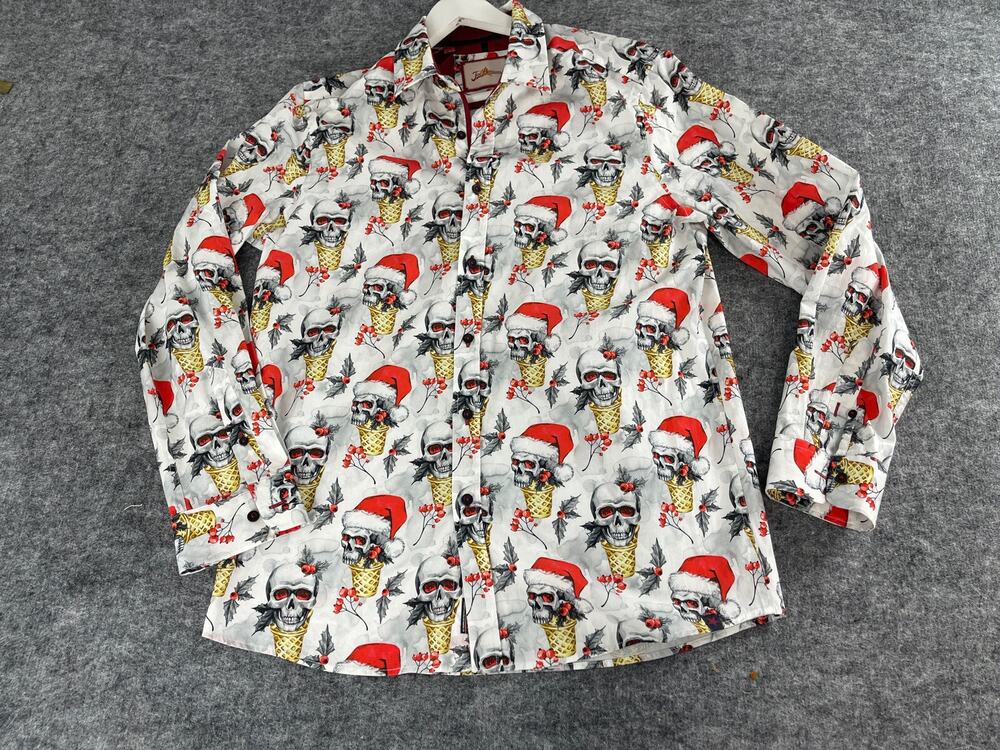 Joe Browns Shirt Mens Large All Over Skull Santa Ice Cream Print Button Up N327